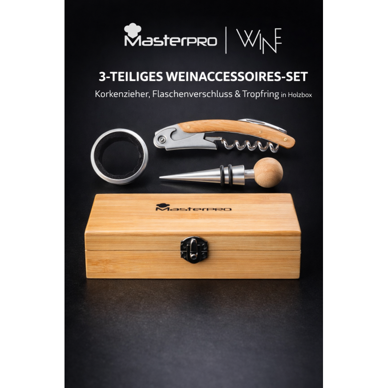 MasterPro Weinaccessoires Set 3-teilig – Korkenzieher & Holzbox